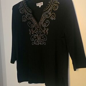 Black Top with Silver and Gold Embellishments JM Collection Womans PL V-Neck